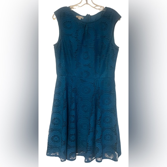 London Style Collection Turquoise circle Lace Overlay Sleeveless Dress sz14 - Picture 16 of 16